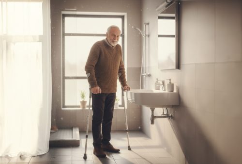 Mann auf Krücken im Bad